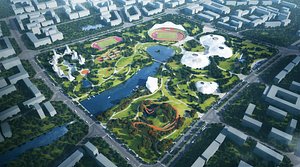 Modern City Public Park and Stadium Complex Aerial View model