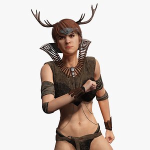3D Fantasy Antlered Tribal Girl Wild Huntress Antler Woman model