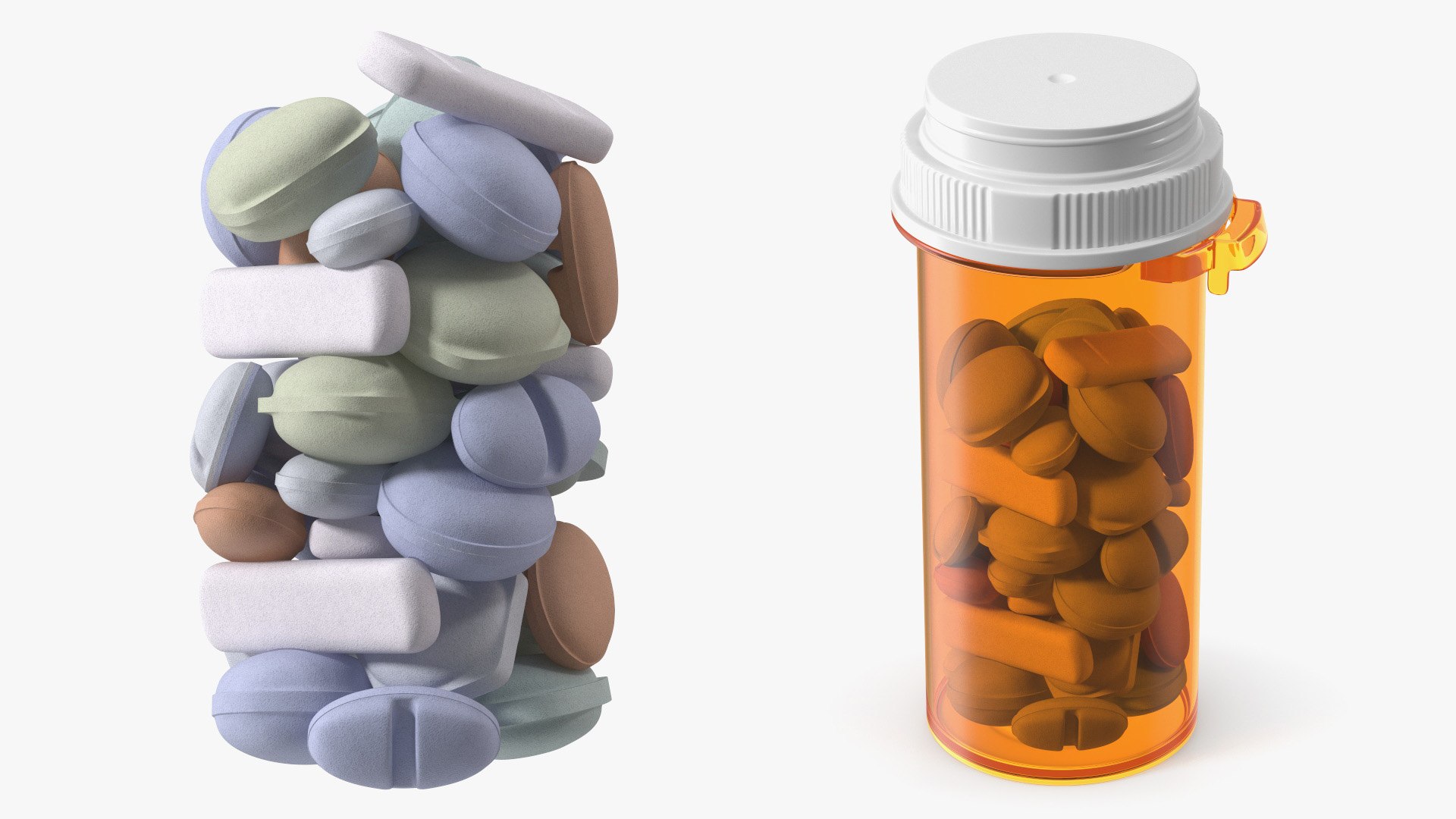 Pharmaceutical Pills in Container Filled Orange 3D model for industrial visualization, technical presentation, simulation, product rendering, and animation