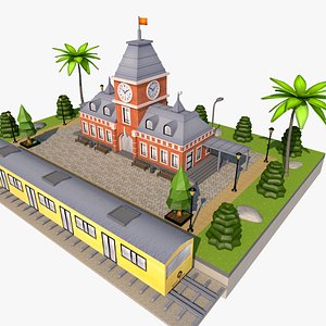 Low Poly Cartoon Train Station