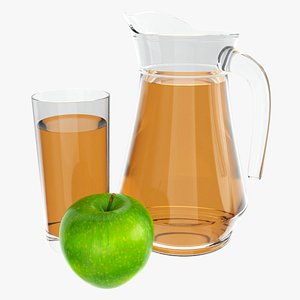 Jug and glass with apple juice and fruit