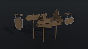 3D Low-poly Cartoon fantasy wood sign Polygonal Style