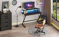 Gaming Desk with LED Lights  Monitor Riser  Carbon Fiber Surface PC Computer Desk for Game Room