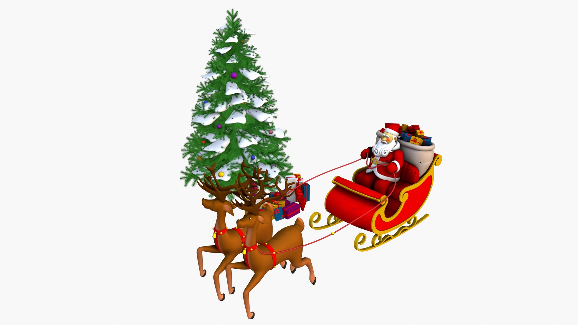 3D Santa Claus With Reindeer And Sleigh Christmas Tree And Gifts ...
