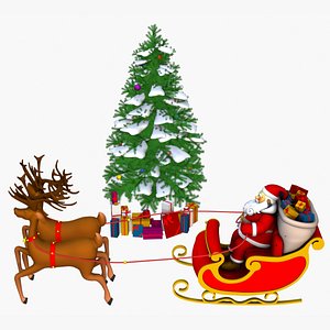Santa Claus with reindeer and sleigh Christmas tree and gifts