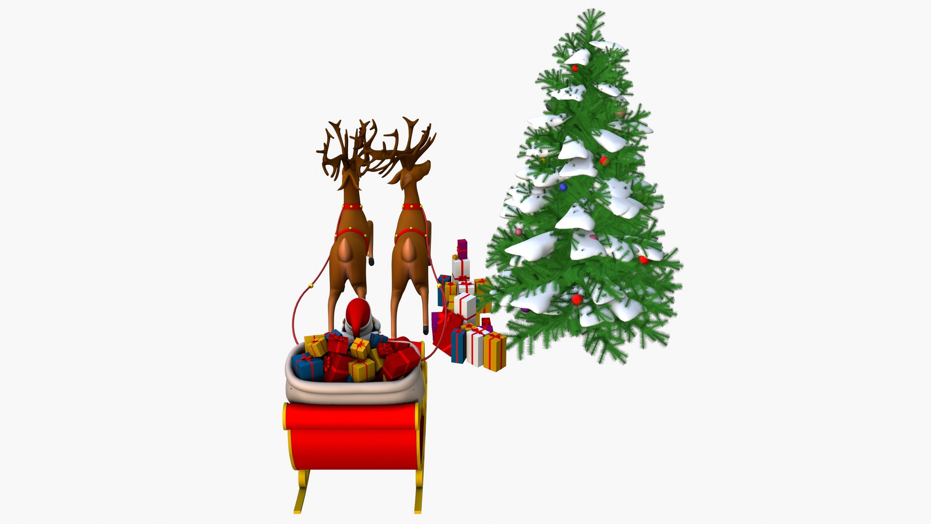 3D Santa Claus With Reindeer And Sleigh Christmas Tree And Gifts ...