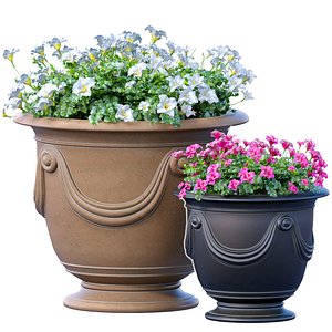 3D Flower bed Petunia flowers bush plant  in Luxury garden pots flowerpots urns for decoration model