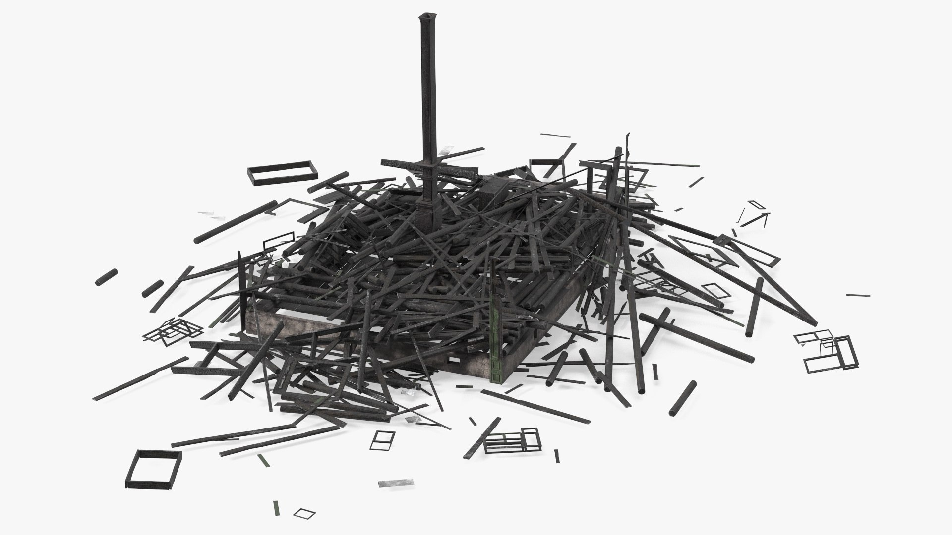 Burnt Wooden House Ruined 3D model preview
