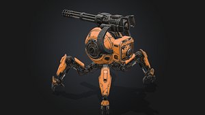 Sci-Fi Autonomous Turret Drone - Heavy Gatling Sentry Mech 3D Model