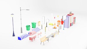 Street set Low poly 3D