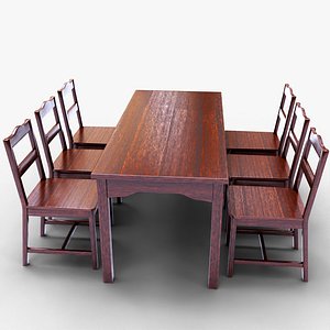 Wooden Dining Table with Chairs 3D Model - Realistic Furniture Set