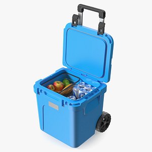 Camping Rolling Cooler Open with Fruits and Beers