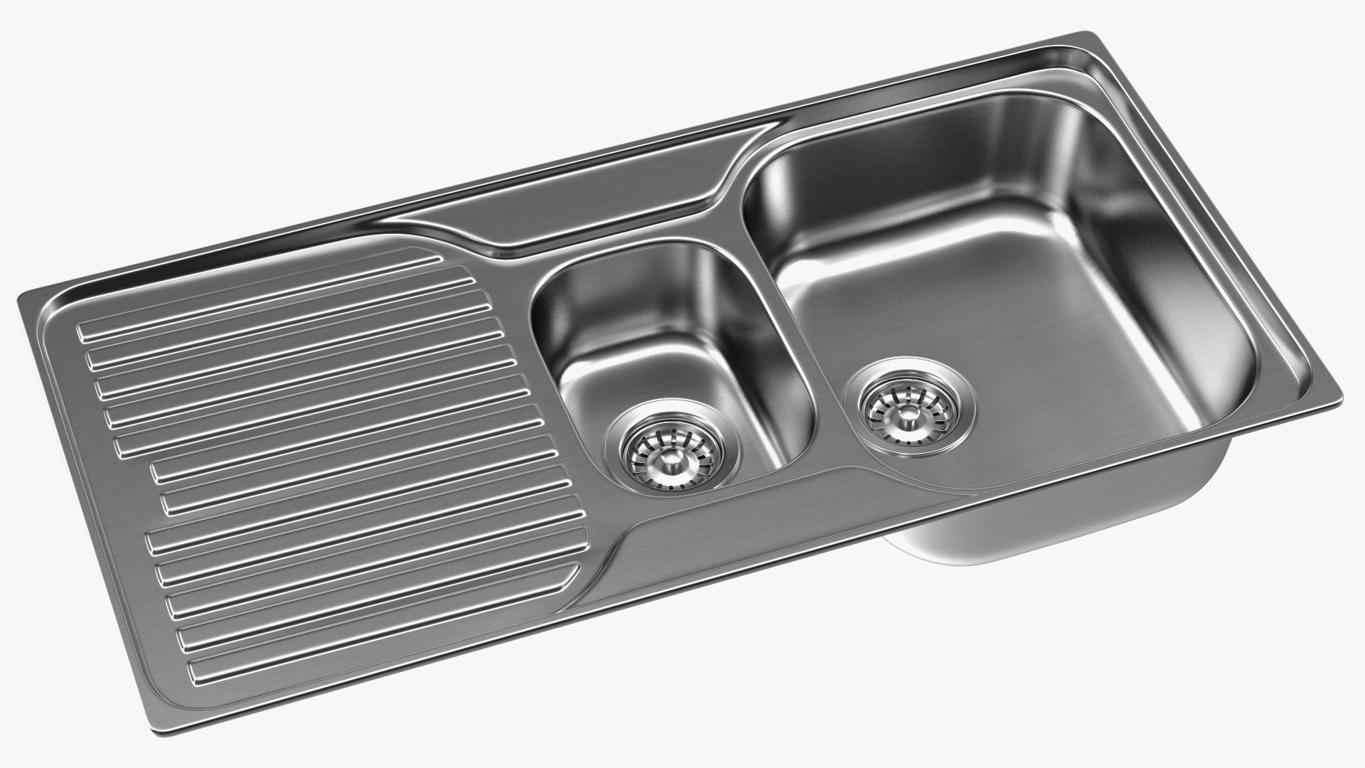 Double Bowl Kitchen Sink with Drainboard 3D model preview