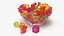 Conjunto de balas de goma com sabor de frutas e tigela de vidro multicolorida