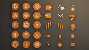 Set of Crypto 3D Icon Pack Golden Theme 3D model