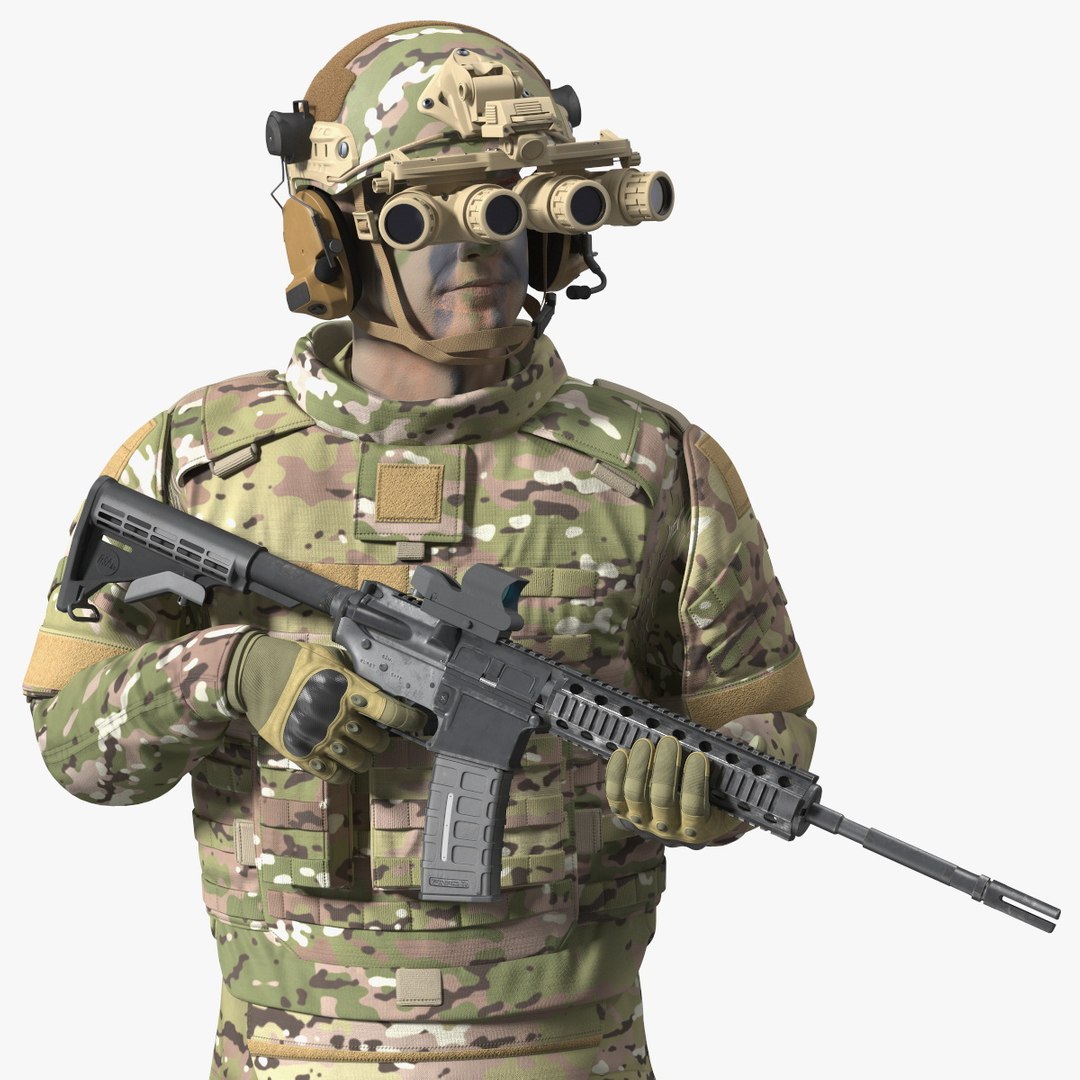 Soldier in Night Vision Goggles Green Camo Walking Fur 3D model preview