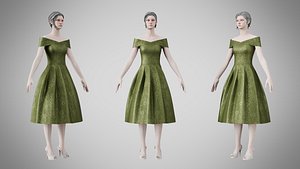 3D model Dress 42 Olive Green Velvet With Design