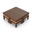 Mesa de comedor y taburetes de madera oscura.