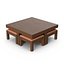 Mesa de comedor y taburetes de madera oscura.