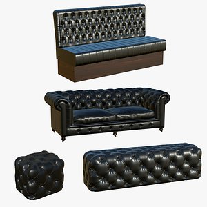 Chesterfield Realistic Sofa Leather Ottoman 3D model