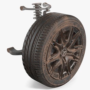 Dirty Mercedes Front Car Wheel Rim with Suspension