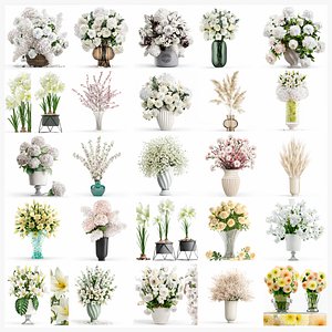 3D Collection of white flower bouquets in vases 27 pieces