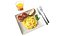 Breakfast with omlette bacon and juice
