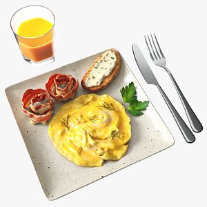 3D Breakfast with omlette bacon and juice model