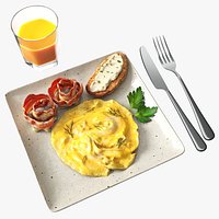 Breakfast with omlette bacon and juice
