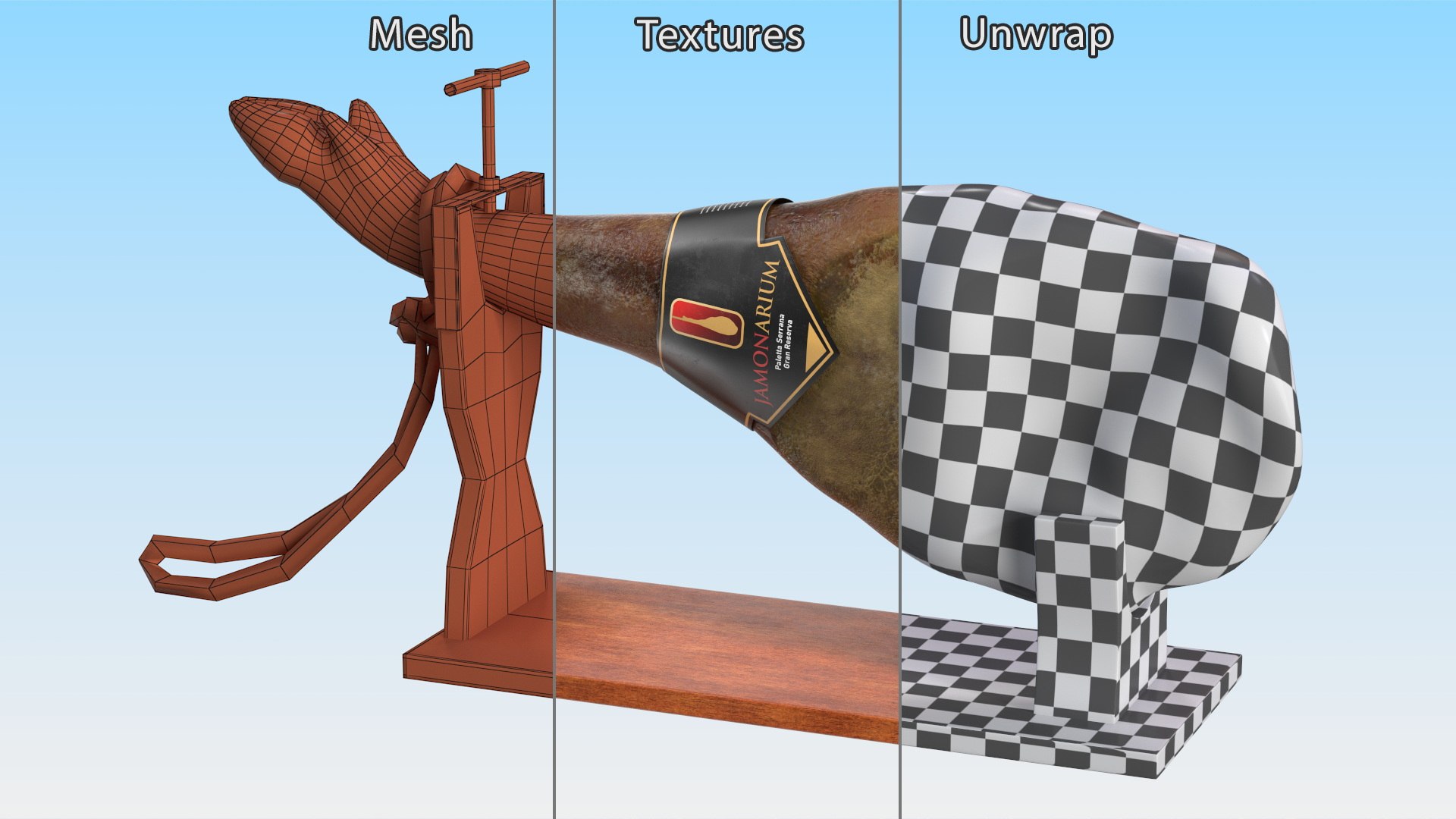 3D Iberico Ham Leg on Wooden Carving Stand https://p.turbosquid.com/ts-thumb/KI/3kVzwf/Gc/iberico_ham_leg_on_wooden_carving_stand_011/jpg/1751409533/1920x1080/fit_q87/981cdc90ce9664fd15c283003e0167f8485e8c69/iberico_ham_leg_on_wooden_carving_stand_011.jpg