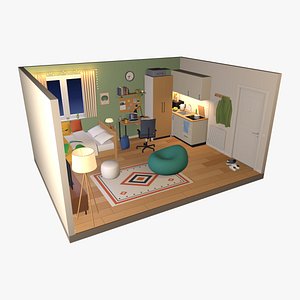 Cozy Student Studio Apartment Room Interior Low Poly