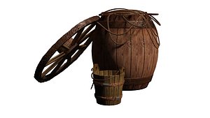 A barrel with a rope, wheel and bucket