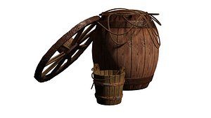 A barrel with a rope, wheel and bucket