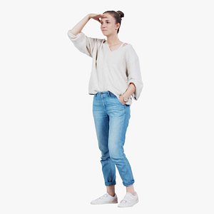 Looking Scout Woman in Jeans and White Top Remastered 3D model