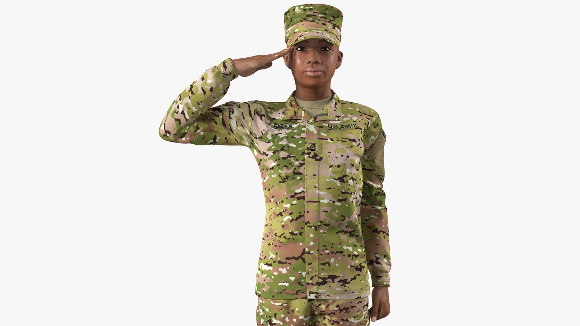 Black Female Soldier Green Camo Saluting Pose 3D model preview