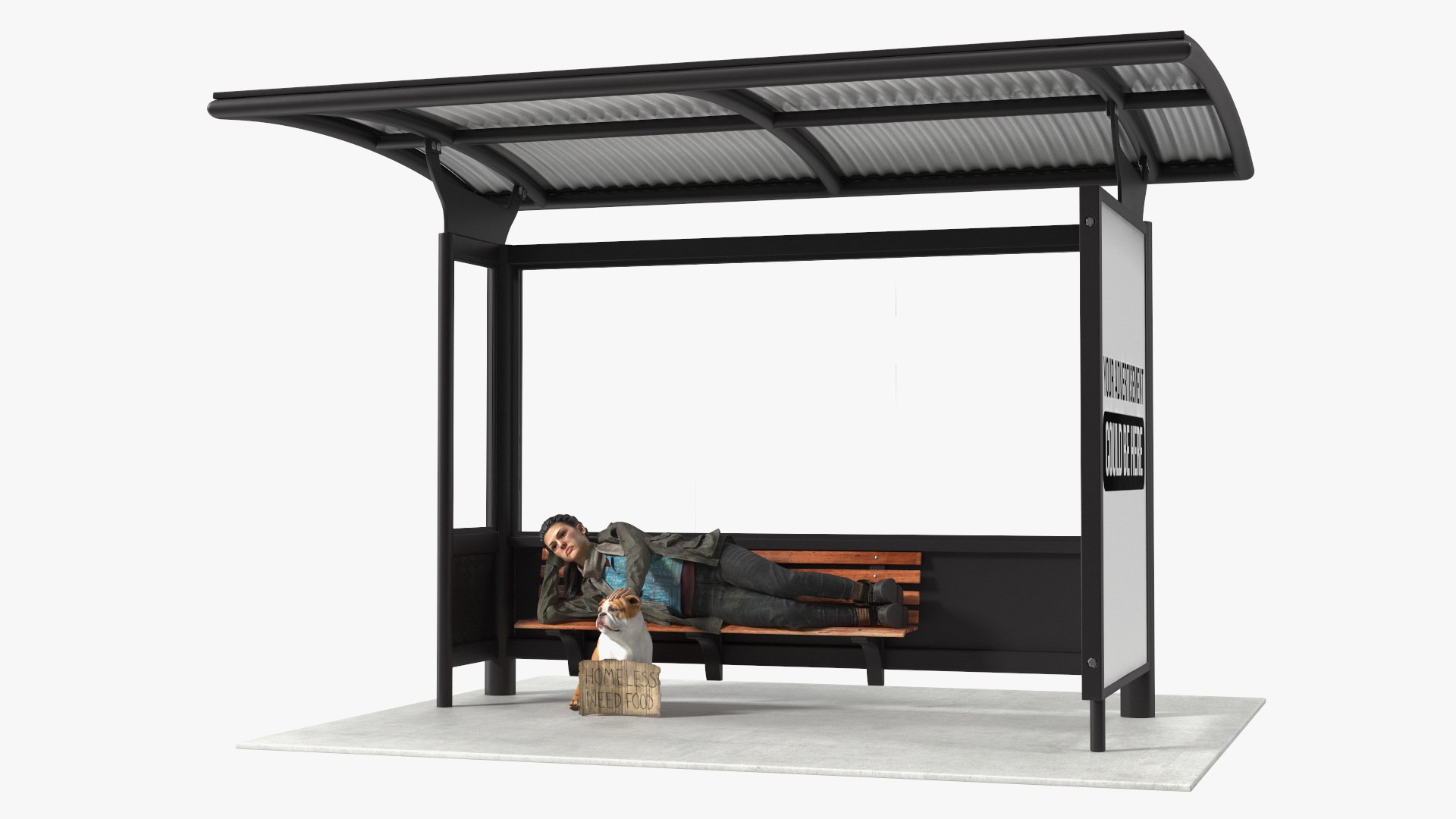 Homeless Woman and Her Dog at the Bus Stop 3D model preview