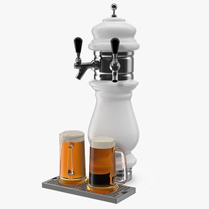 Ceramic Double Faucet Draft Beer Tower with Beer Mugs