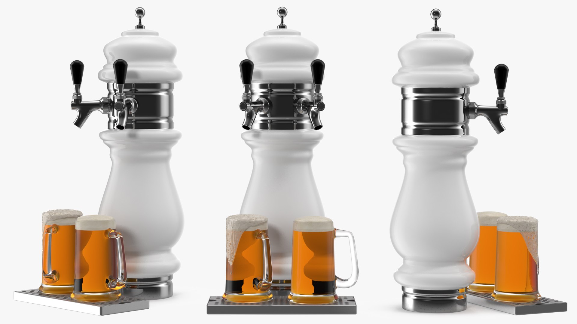 Ceramic Double Faucet Draft Beer Tower with Beer Mugs 3D model preview
