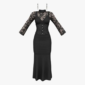 Black Victorian Outfit Earrings Top Skirt 3D