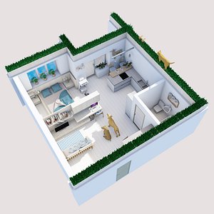 3D studio apartment with furniture and creatures model