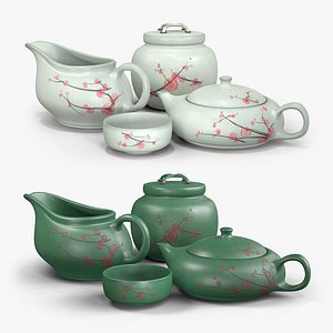 3D Oriental Tea Set in White and Green model