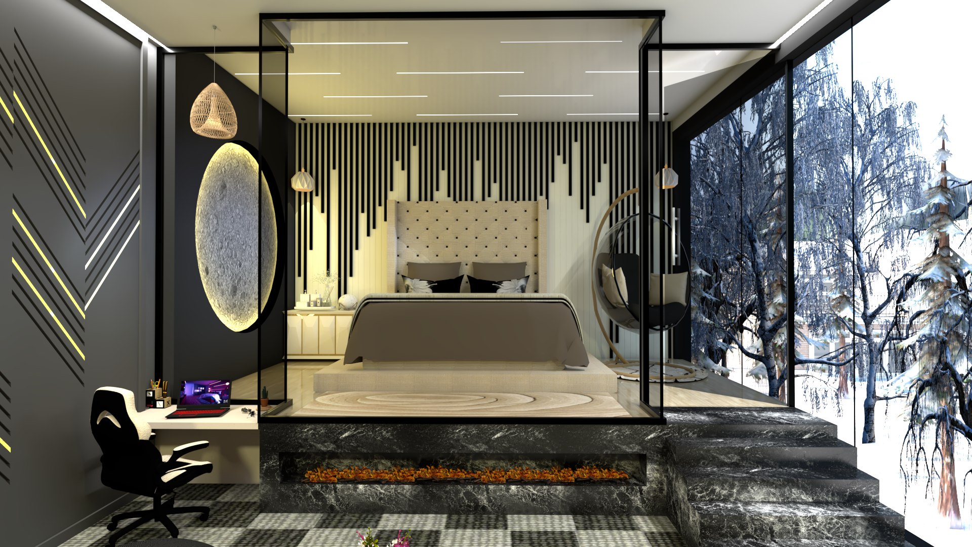 BEDROOM INTERIOR WITH SNOW WEATHER model - TurboSquid 2183766