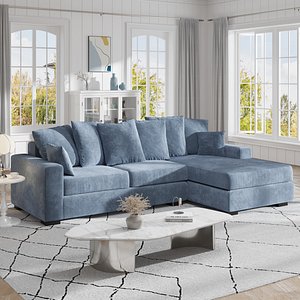 Bright Farmhouse Living Room with Blue L-shaped Fabric Sectional Sofa 3D Interior Scene