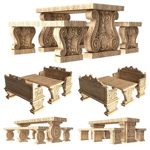 3D Stone Bench and Table Collection model