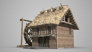 3D ancient waterwheel thatched