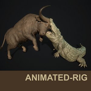 Crocodile hunting buffalo animated Low-poly