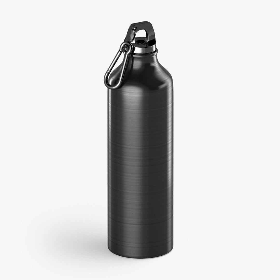 3d Black Aluminum Sport Bottle - Metal Water Botle With Carabiner Model 