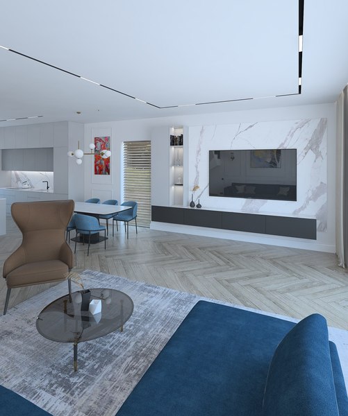 3D Extraordinary living room with blue sofa