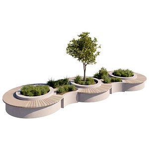 Modular Concrete and Wooden Seating Bench Landscape Island 3D