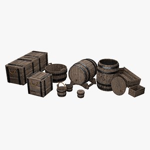 Medieval Wooden Containers Pack Barrels Crates  Boxes 3D model